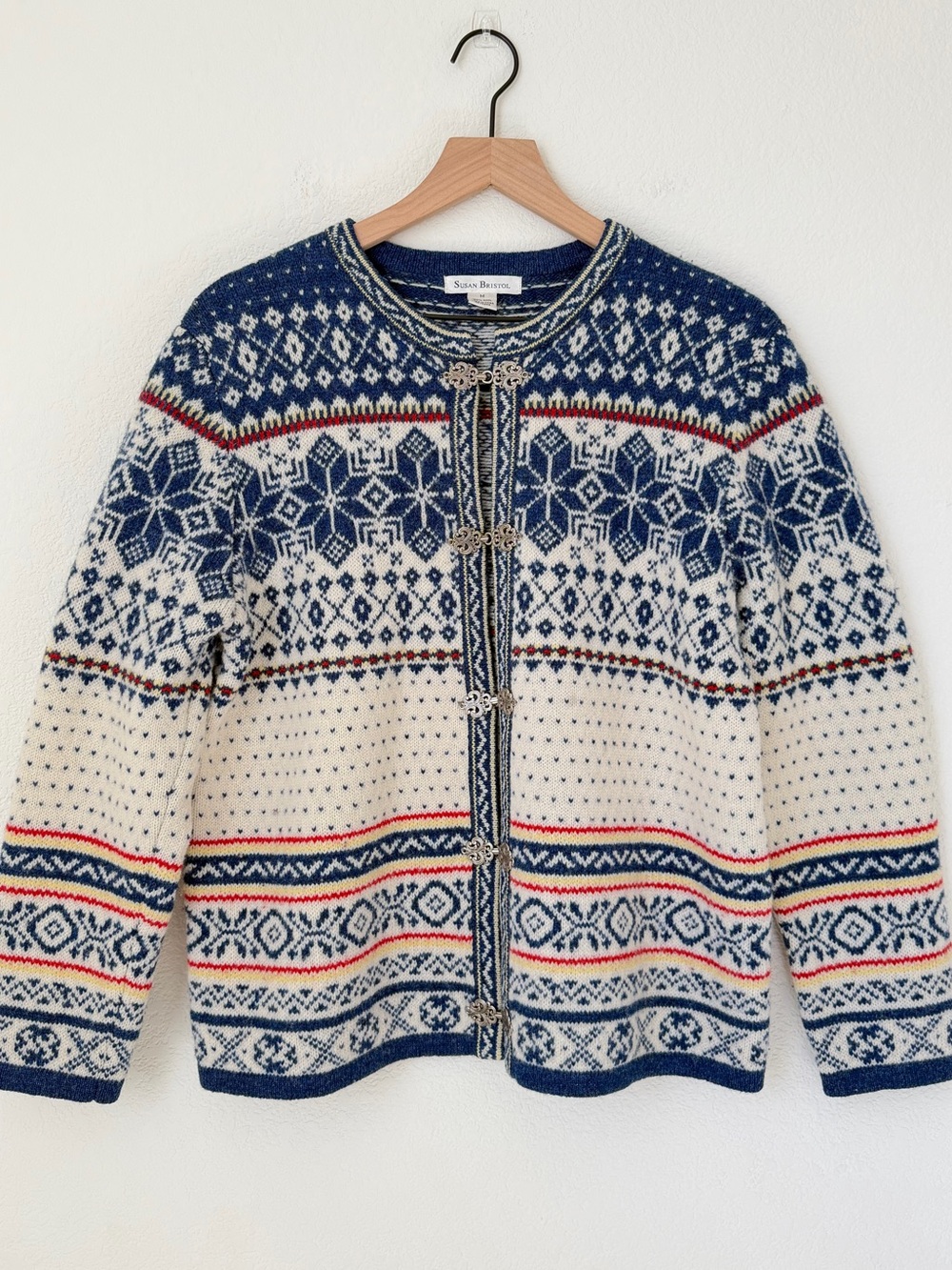 Susan Bristol Navy, Cream & Red Nordic Wool Cardigan Size Medium